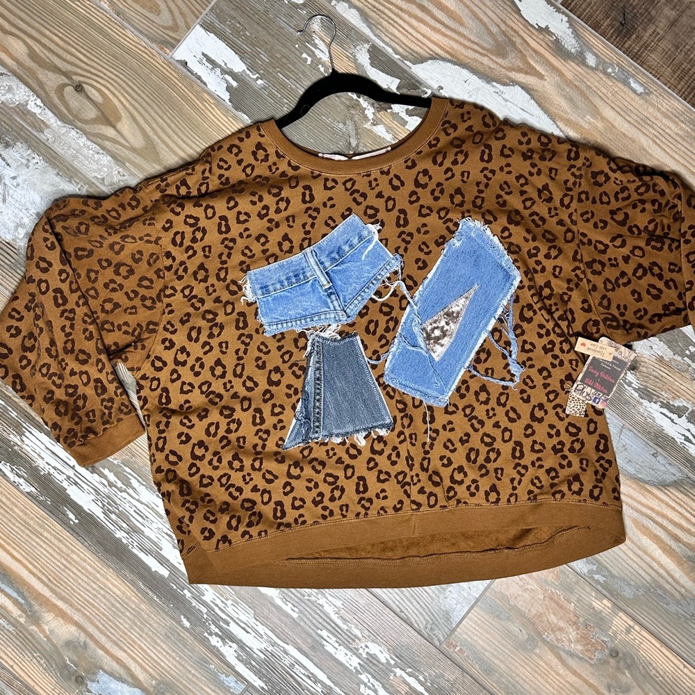 Handmade Upcycled Repurposed Rework Leopard Denim Sweatshirt Gypsy Hippie ooak